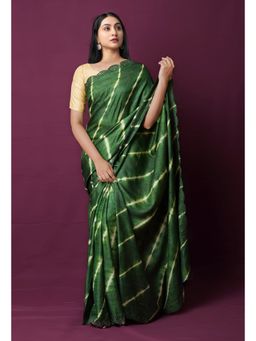 Unnati Silks - Dark Green Pure Handloom Fancy Mirror Work Saree with Unstitched Blouse