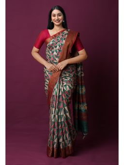 Unnati Silks - Dark Green Pure Handloom Block Printed Embroidered Saree with Unstitched Blouse