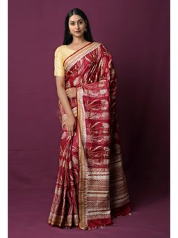 Unnati Silks - Maroon Pure Handloom Block Printed Embroidered Saree with Unstitched Blouse