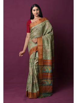 Unnati Silks - Green Pure Handloom Block Printed Embroidered Saree with Unstitched Blouse