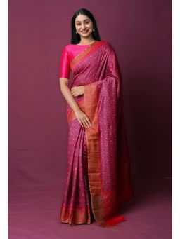 Unnati Silks - Purple Pure Block Printed Pashmina Soft Silk Saree with Unstitched Blouse