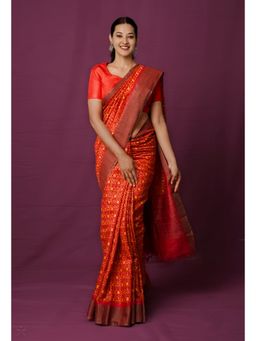 Unnati Silks - Red Pure Block Printed Pashmina Soft Silk Saree with Unstitched Blouse