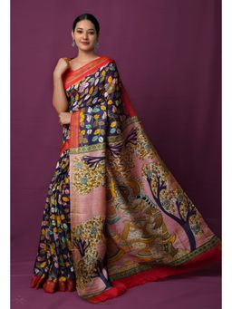 Unnati Silks - Navy Blue Pure Block Printed Pashmina Soft Silk Saree with Unstitched Blouse