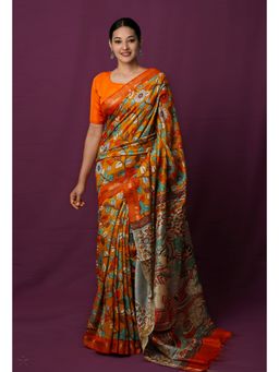 Unnati Silks - Mustard Pure Block Printed Pashmina Soft Silk Saree with Unstitched Blouse