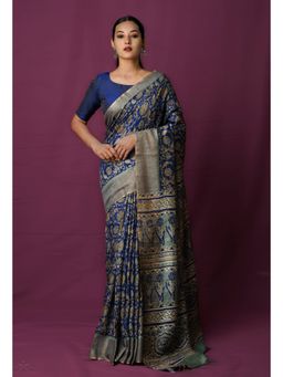 Unnati Silks - Navy Blue Pure Block Printed Pashmina Soft Silk Saree with Unstitched Blouse