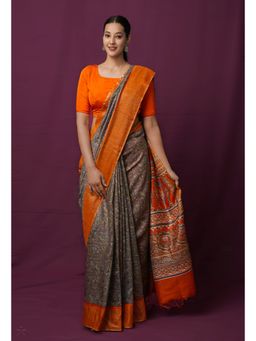 Unnati Silks - Regal Purple Pure Block Printed Pashmina Soft Silk Saree with Unstitched Blouse