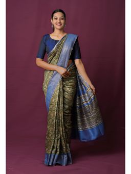 Unnati Silks - Green Pure Block Printed Pashmina Soft Silk Saree with Unstitched Blouse