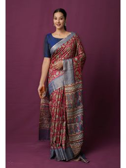 Unnati Silks - Pink Pure Block Printed Pashmina Soft Silk Saree with Unstitched Blouse