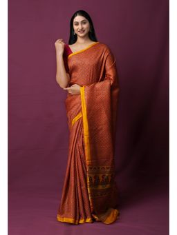 Unnati Silks - Red Pure Block Printed Mysore Silk Saree with Unstitched Blouse