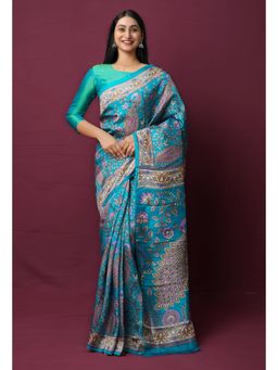 Unnati Silks - Blue Pure Block Printed Mysore Silk Saree with Unstitched Blouse