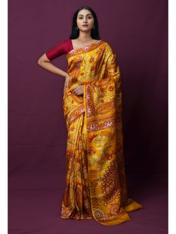 Unnati Silks - Yellow Pure Block Printed Mysore Silk Saree with Unstitched Blouse