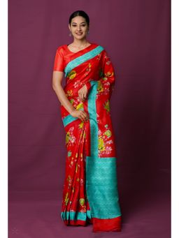 Unnati Silks - Red Pure Block Printed Mysore Silk Saree with Unstitched Blouse