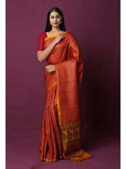 Unnati Silks - Red Pure Block Printed Mysore Silk Saree with Unstitched Blouse