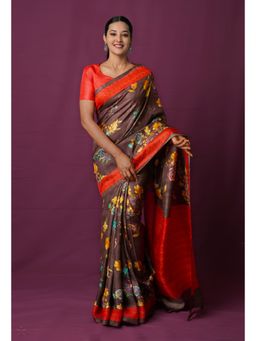 Unnati Silks - Chocolate Brown Pure Block Printed Mysore Silk Saree with Unstitched Blouse