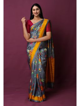 Unnati Silks - Bluish Grey Pure Block Printed Mysore Silk Saree with Unstitched Blouse
