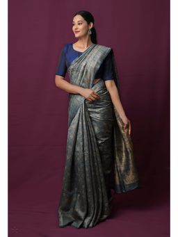 Unnati Silks - Bluish Grey Pure Block Printed Bengal Tussar Silk Saree with Unstitched Blouse
