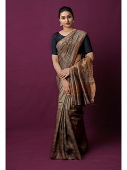 Unnati Silks - Cream Pure Handloom Block Printed Bengal Saree with Unstitched Blouse