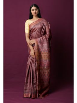 Unnati Silks - Pink Pure Handloom Block Printed Bengal Tussar Silk Saree with Unstitched Blouse