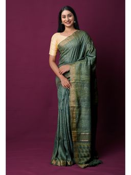 Unnati Silks - Green Pure Handloom Block Printed Bengal Saree with Unstitched Blouse