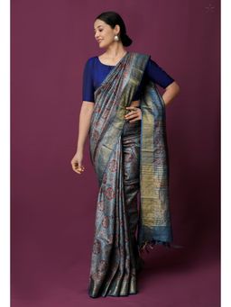 Unnati Silks - Bluish Grey Pure Handloom Block Printed Bengal Saree with Unstitched Blouse