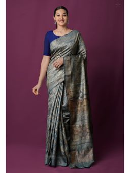 Unnati Silks - Grey Pure Handloom Block Printed Bengal Tussar Silk Saree with Unstitched Blouse