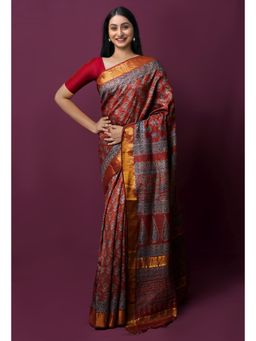 Unnati Silks - Dark Red Pure Handloom Block Printed Bengal Saree with Unstitched Blouse