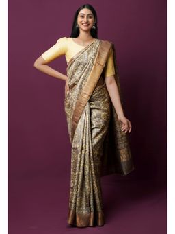 Unnati Silks - Beige Pure Handloom Block Printed Bengal Saree with Unstitched Blouse