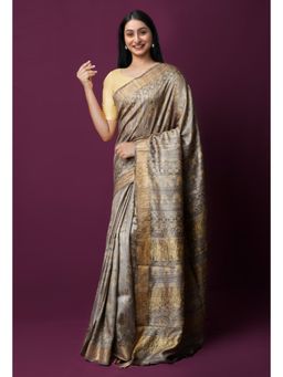 Unnati Silks - Beige Pure Handloom Block Printed Bengal Saree with Unstitched Blouse