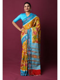 Unnati Silks - Mustard Pure Handloom Kalamkari Painting Saree with Unstitched Blouse