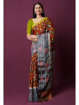 Unnati Silks - Orange Pure Pen Kalamkari Painting Saree with Unstitched Blouse
