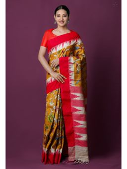 Unnati Silks - Mustard Pure Pen Kalamkari Painting Saree with Unstitched Blouse