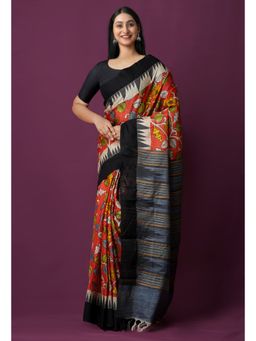 Unnati Silks - Red Pure Handloom Kalamkari Painting Saree with Unstitched Blouse