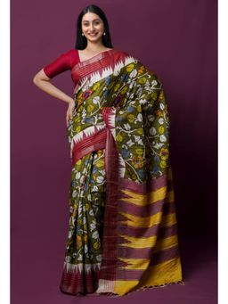 Unnati Silks - Olive Pure Handloom Kalamkari Painting Saree with Unstitched Blouse
