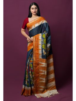 Unnati Silks - Pewter Grey Pure Pen Kalamkari Painting Saree with Unstitched Blouse