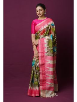 Unnati Silks - Mud Brown Pure Handloom Kalamkari Painting Saree with Unstitched Blouse