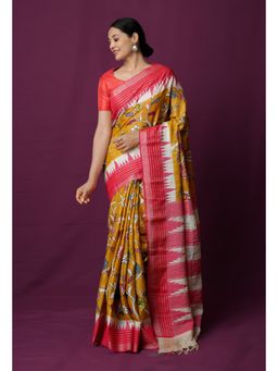 Unnati Silks - Mustard Pure Handloom Kalamkari Painting Saree with Unstitched Blouse