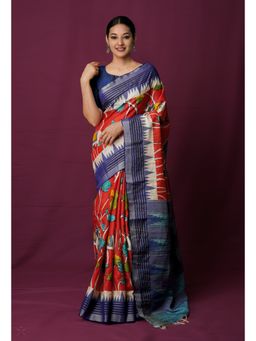 Unnati Silks - Red Pure Pen Kalamkari Painting Tussar Jute Saree with Unstitched Blouse