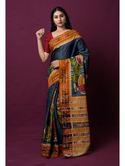 Unnati Silks - Pewter Grey Pure Pen Kalamkari Painting Saree with Unstitched Blouse