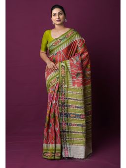 Unnati Silks - Red Pure Pen Kalamkari Painting Tussar Jute Saree with Unstitched Blouse
