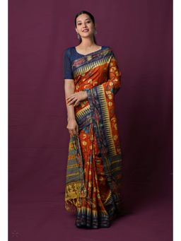 Unnati Silks - Orange Pure Handloom Kalamkari Painting Saree with Unstitched Blouse