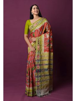 Unnati Silks - Red Pure Pen Kalamkari Painting Tussar Jute Saree with Unstitched Blouse