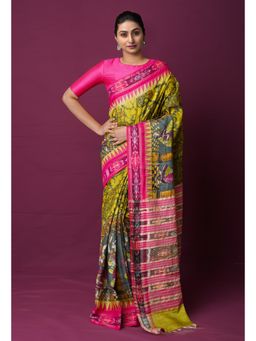 Unnati Silks - Light Green Pure Pen Kalamkari Painting Saree with Unstitched Blouse