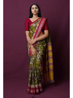 Unnati Silks - Olive Pure Handloom Kalamkari Painting Saree with Unstitched Blouse