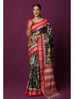 Unnati Silks - Black Pure Pen Kalamkari Painting Tussar Jute Saree with Unstitched Blouse