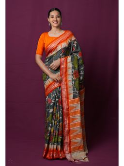 Unnati Silks - Dark Green Pure Handloom Kalamkari Painting Saree with Unstitched Blouse