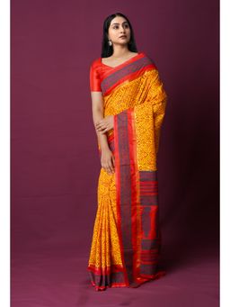 Unnati Silks - Yellow Dyed Printed Summer Bangalore Soft Silk Saree with Unstitched Blouse