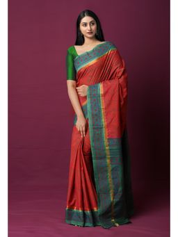 Unnati Silks - Red Dyed Printed Summer Bangalore Soft Silk Saree with Unstitched Blouse