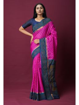 Unnati Silks - Pink Dyed Printed Summer Bangalore Soft Silk Saree with Unstitched Blouse