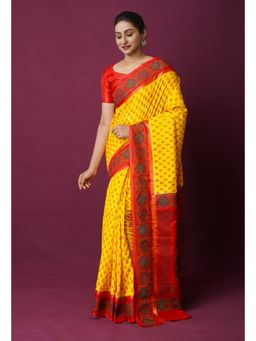 Unnati Silks - Yellow Dyed Printed Summer Bangalore Soft Silk Saree with Unstitched Blouse