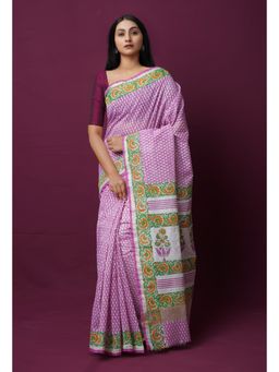 Unnati Silks - Pink Dyed Printed Chanderi Sico Saree with Unstitched Blouse